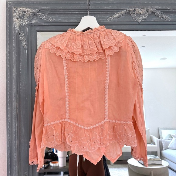 Vintage 70s Red Leaf Victorian Eyelet Lace Ruffle Blouse Prairie Cottagecore L - Picture 4 of 7